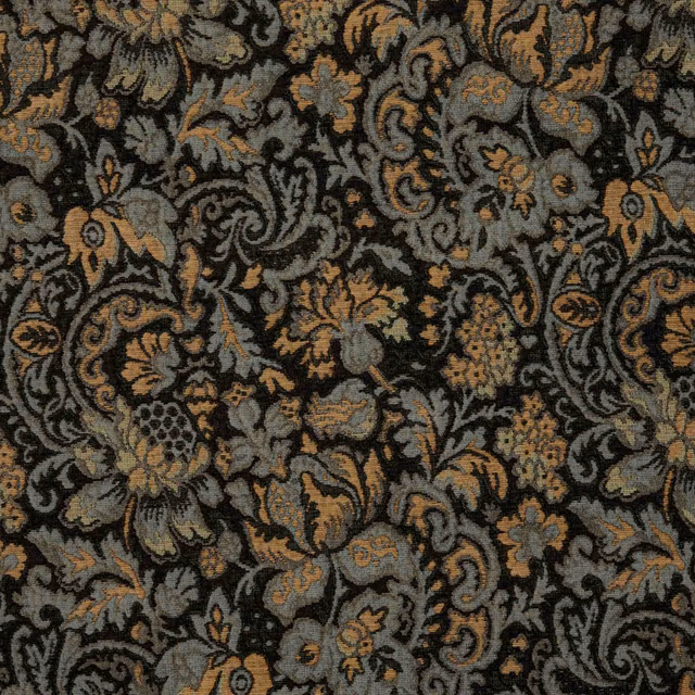 Onyx textile with dense charcoal florals, blue-grey foliage and muted gold details