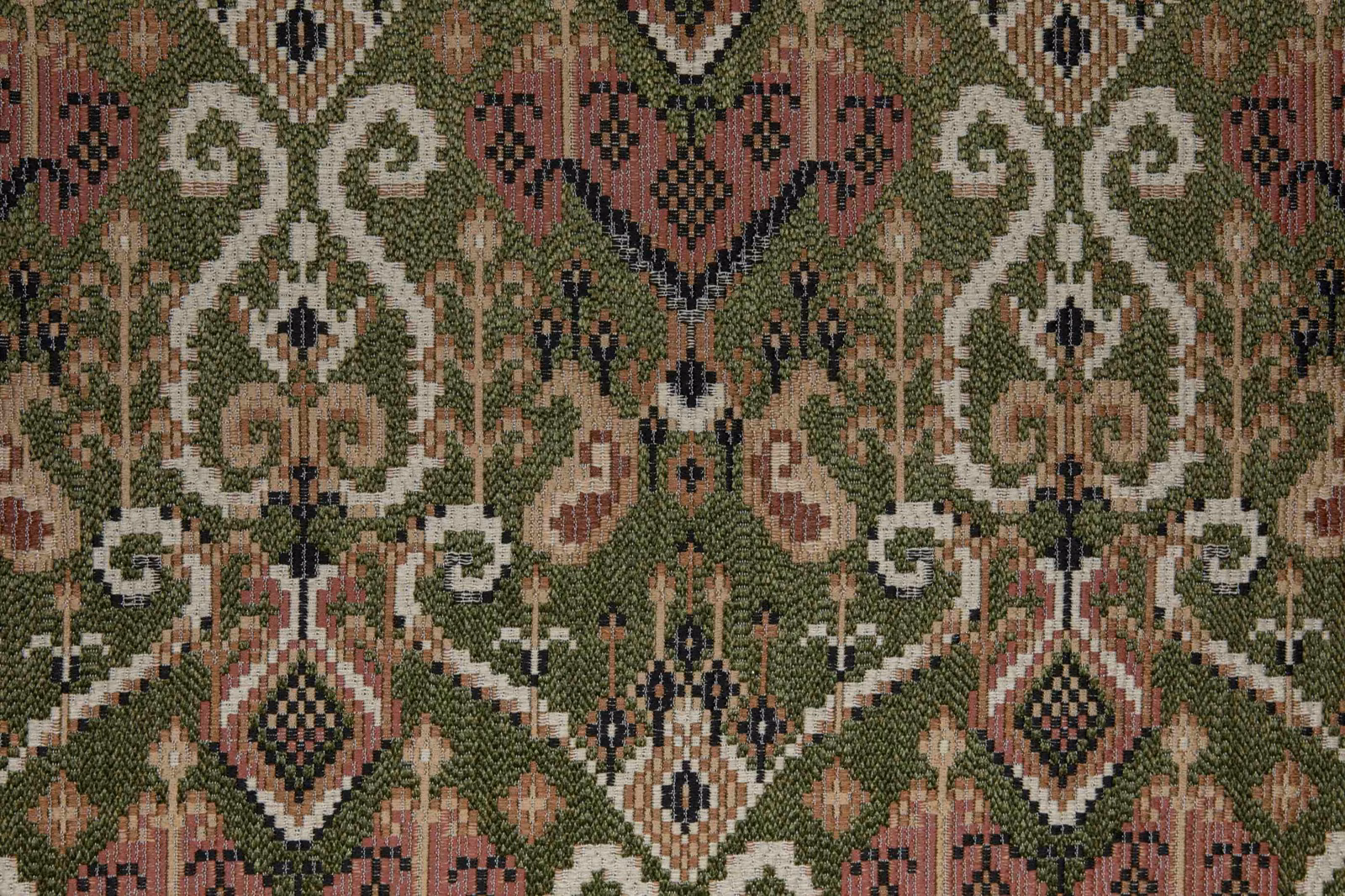 Muted kaki olive jacquard with dusty pink floral medallions, cream scrolls and diamond motifs