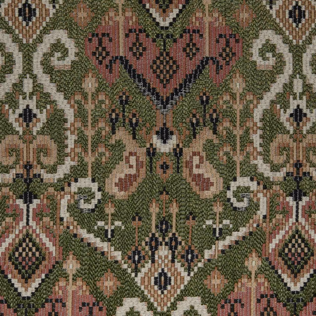 Muted kaki olive jacquard with dusty pink floral medallions, cream scrolls and diamond motifs