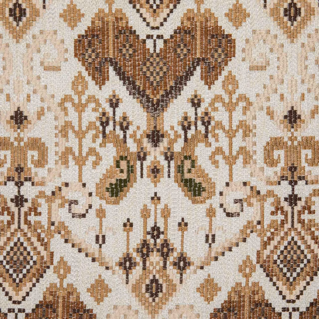 Cream woven swatch with symmetrical camel, brown, charcoal and muted green ornamental motifs