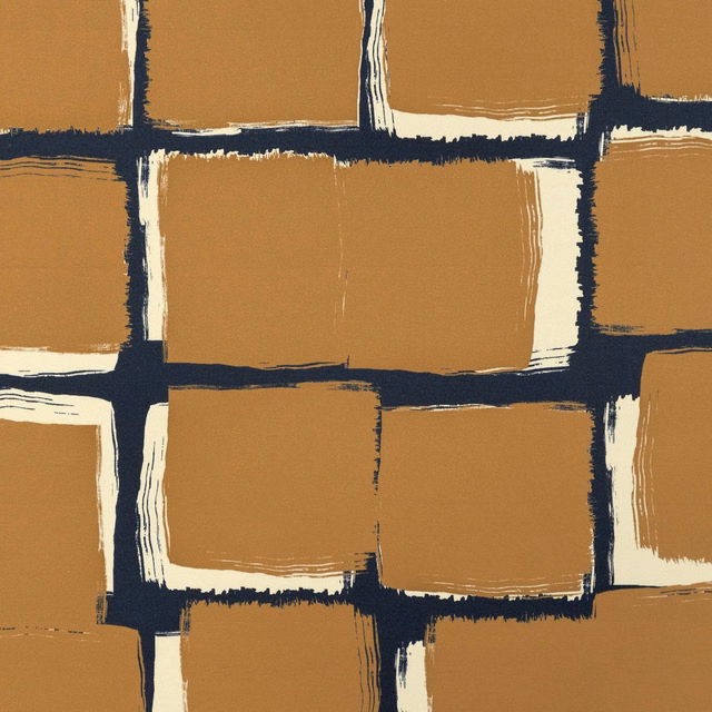 Warm camel fabric with cream-edged blocks and dark navy painterly grid lines