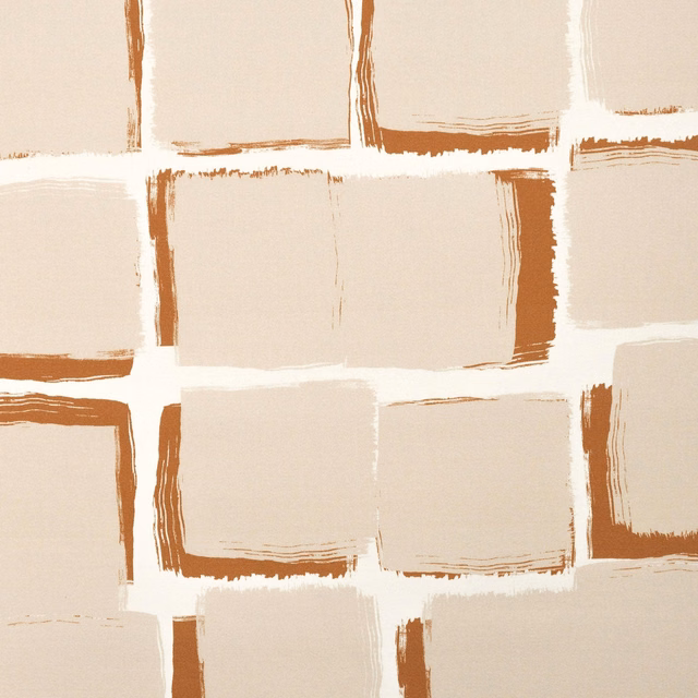 Warm ivory fabric with pale beige blocks and loose terracotta brush borders