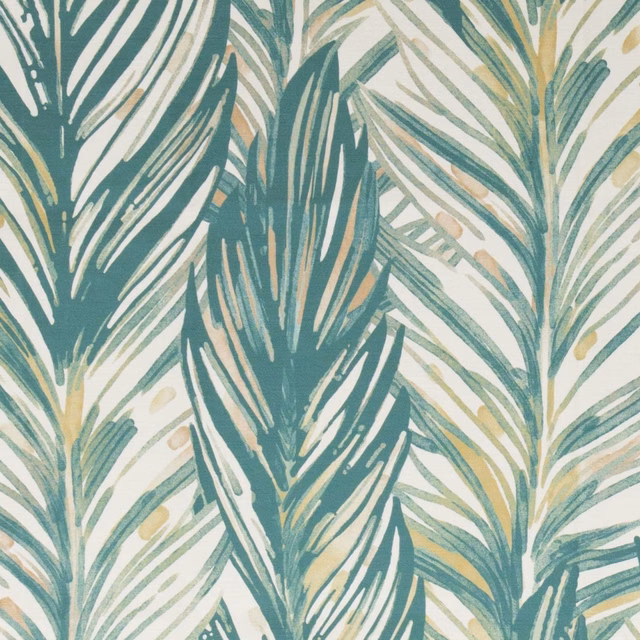 Deep teal and sage palm fronds with ochre accents on warm ivory fabric