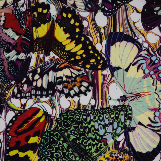 Dense multicoloured butterflies with black, red, yellow, green and lilac wings