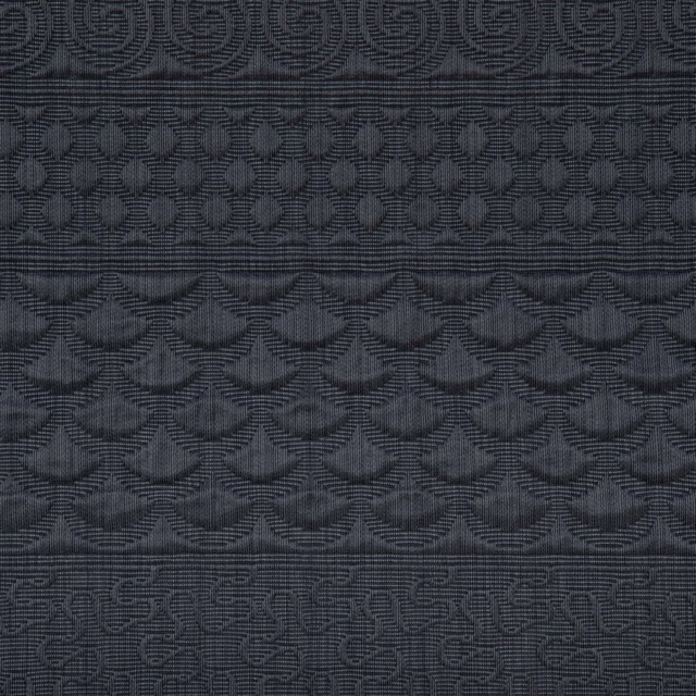 Charcoal Fusain textile with layered geometric bands, scallops, loops and maze-like woven lines