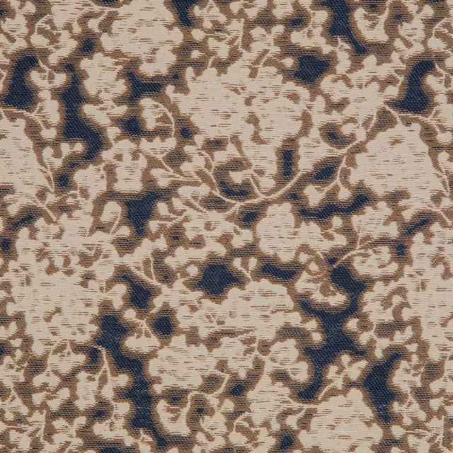 Cream and taupe floral tracery over deep navy with a nubby woven texture