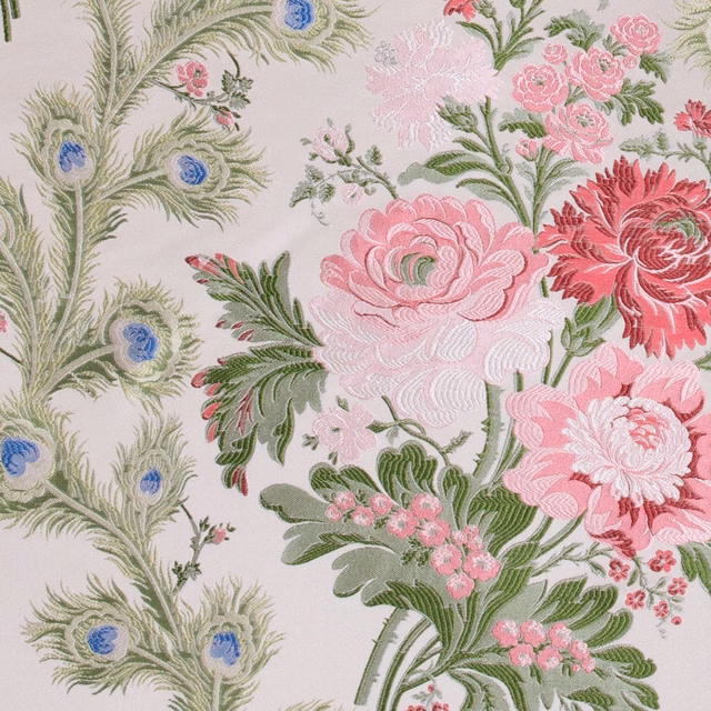 Ecru fabric with pink peonies, green foliage and blue peacock-feather eyes