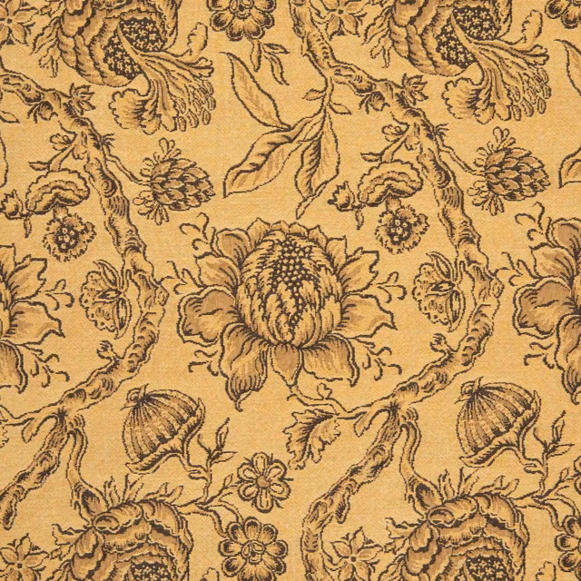Warm ochre-gold fabric with dark brown oversized flowers, leaves and curling stems