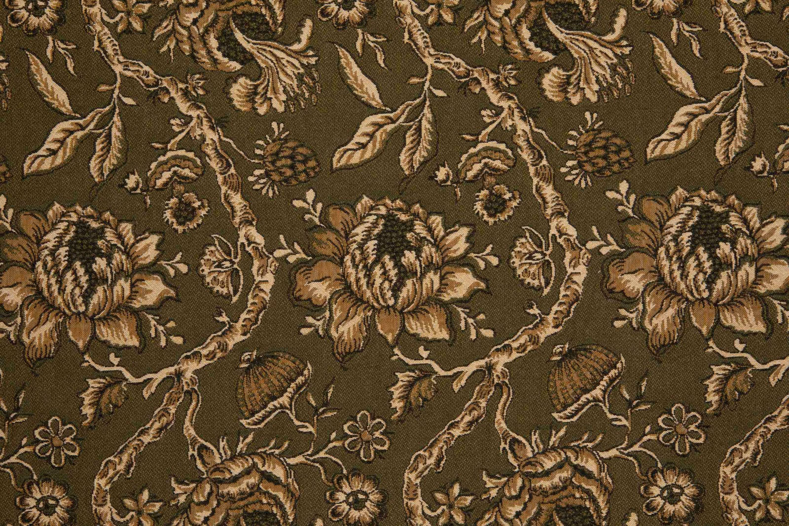 Olive Kaki textile with large tan florals, scrolling vines and visible ribbed texture