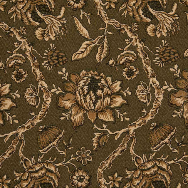 Olive Kaki textile with large tan florals, scrolling vines and visible ribbed texture