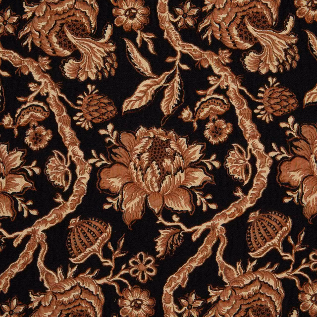 Black textile with bronze paisleys, terracotta flowers and scrolling beige leaves