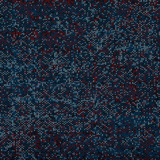 Deep blue textile with teal and burgundy pixel-like flecks in a dense weave