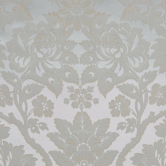 Warm ecru damask with dove-grey floral branches, blooms and textured tonal surface
