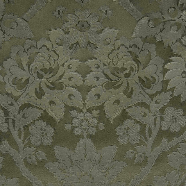 Muted kaki-olive damask with dusty sage-grey scrolling flowers and woven tonal texture