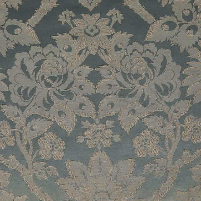 Blue-grey damask with taupe floral bouquets and a softly textured woven surface