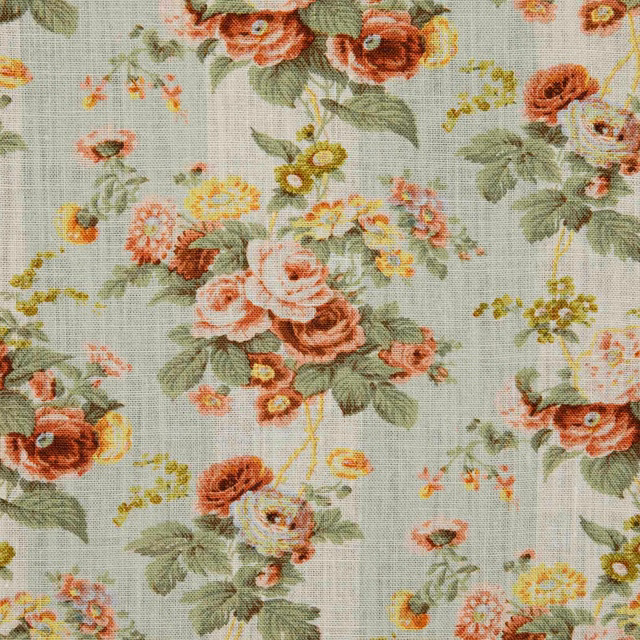 Pale sage-green woven floral with coral roses, mustard blossoms and leafy bouquets