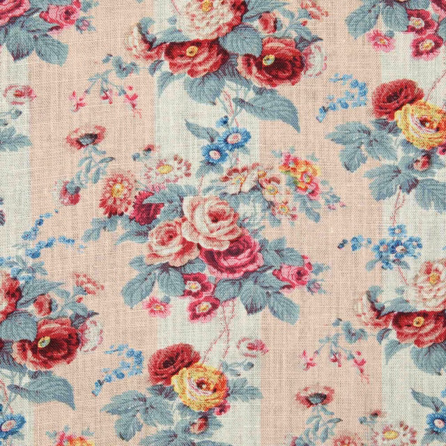 Blush cream floral textile with burgundy roses, blue sprigs and sage leaves