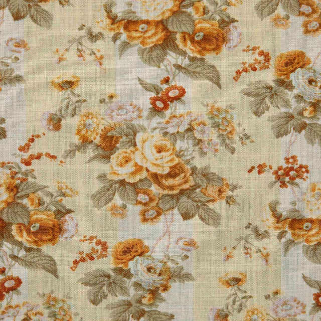 Warm ivory floral weave with ochre roses, sage leaves and dusty blue accents