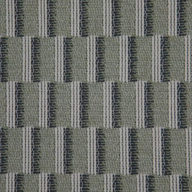 Muted celadon-green woven checks with charcoal and ivory vertical striping