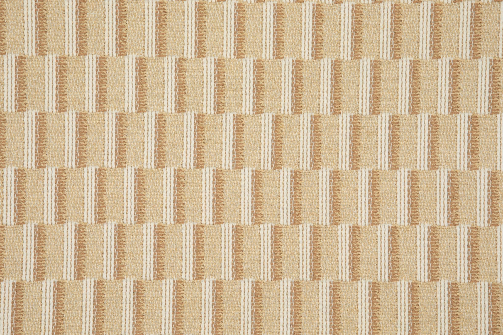 Warm oatmeal woven fabric with cream and tan stepped geometric stripes