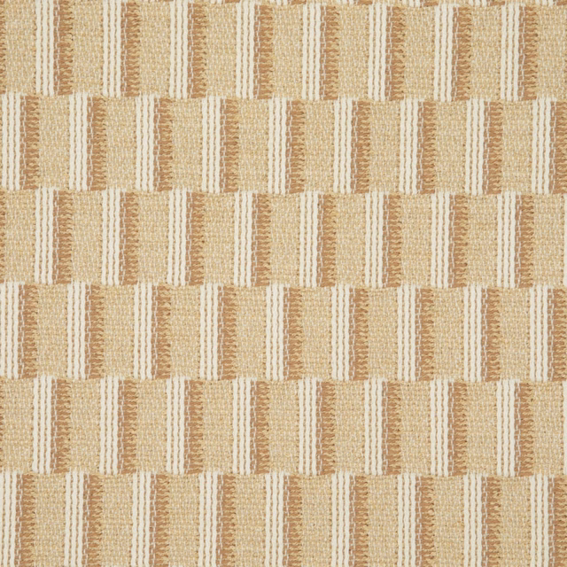 Warm oatmeal woven fabric with cream and tan stepped geometric stripes