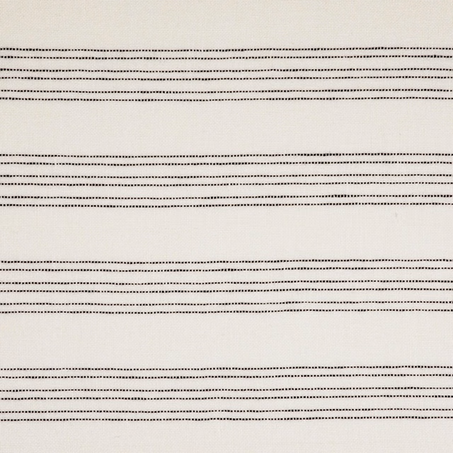 Warm ecru woven fabric with grouped horizontal dotted taupe stripe bands