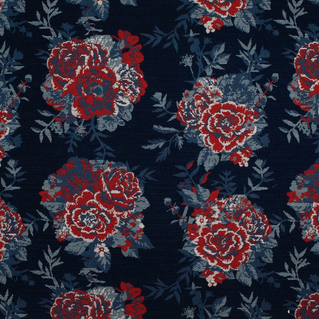 Inky navy floral textile with crimson bouquets and blue-grey leafy stems