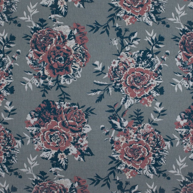 Blue-grey floral fabric with burgundy bouquets, cream petals and dark leafy stems