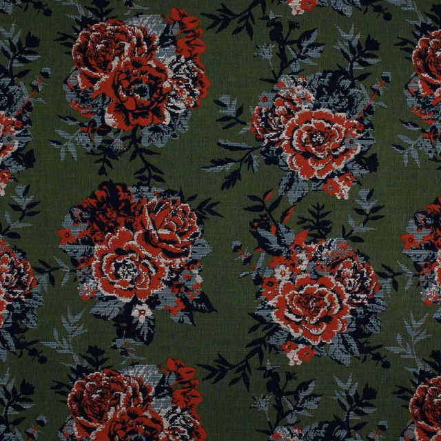 Dark olive fabric with large burgundy and red floral bouquets, cream highlights and leafy branches
