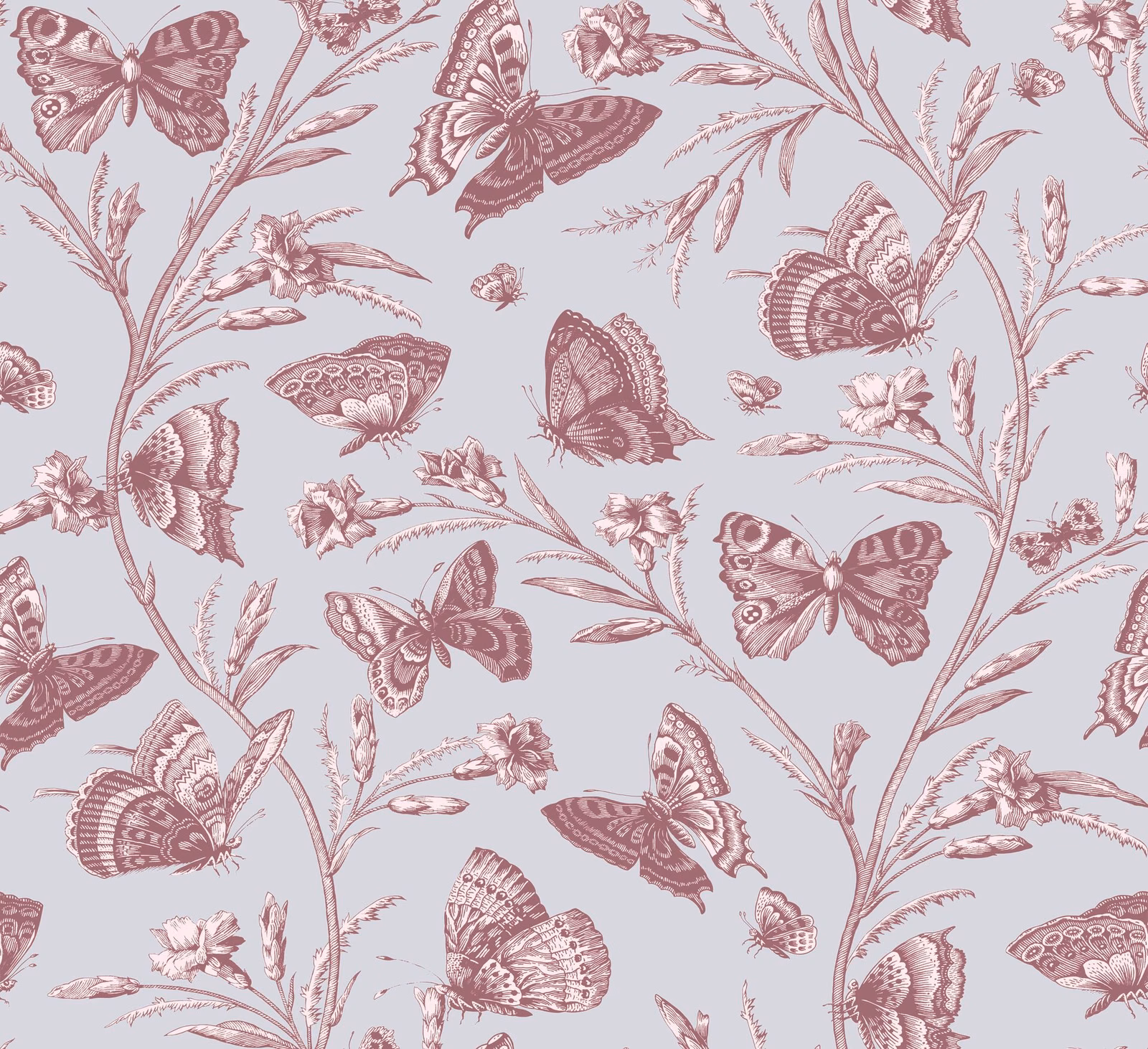 Pale blue-grey fabric with dusty mauve butterflies, flowering stems and delicate blossoms