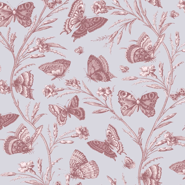 Pale blue-grey fabric with dusty mauve butterflies, flowering stems and delicate blossoms