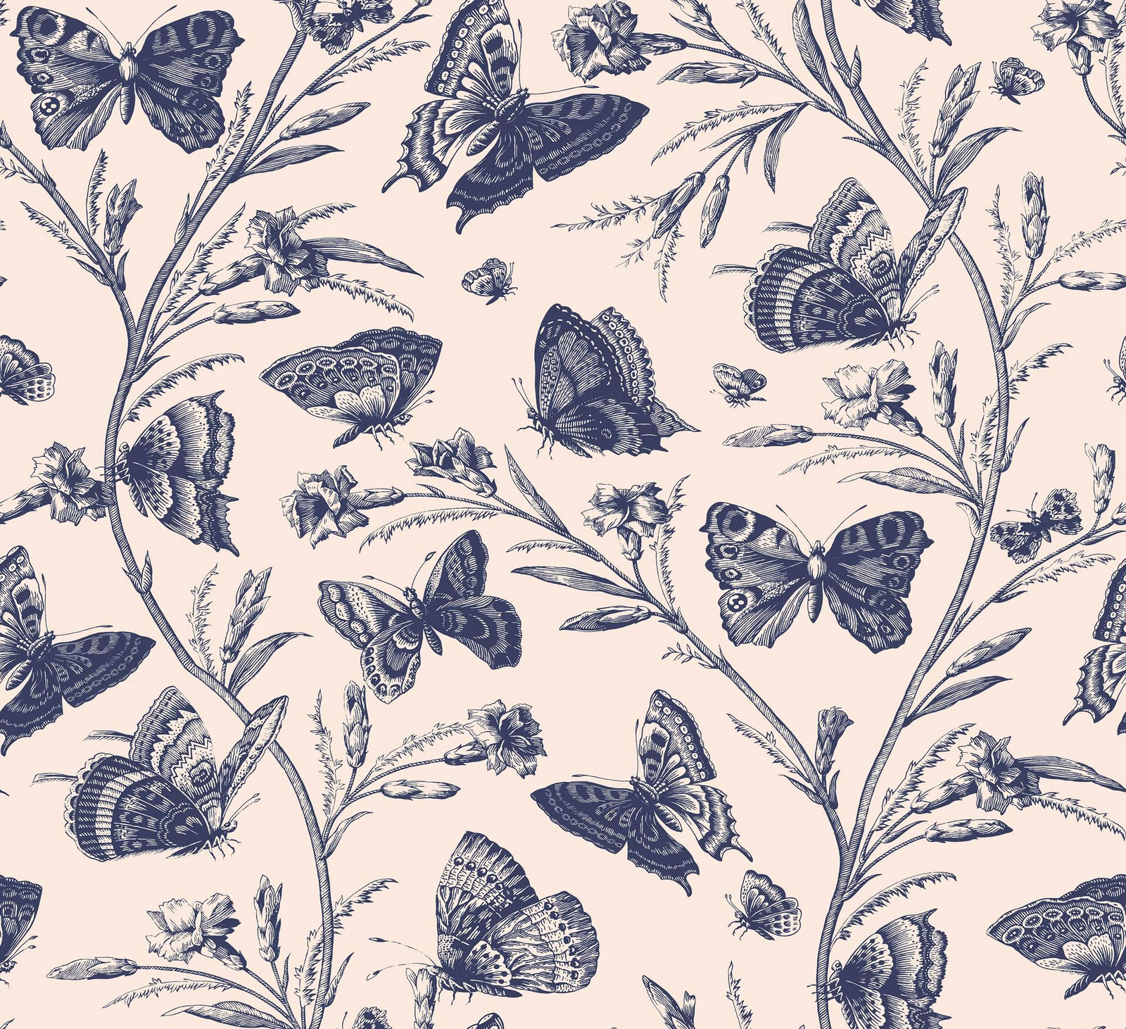 Pale blush fabric with ink-blue butterflies, blossoms and trailing botanical stems