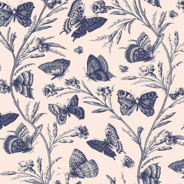 Pale blush fabric with ink-blue butterflies, blossoms and trailing botanical stems