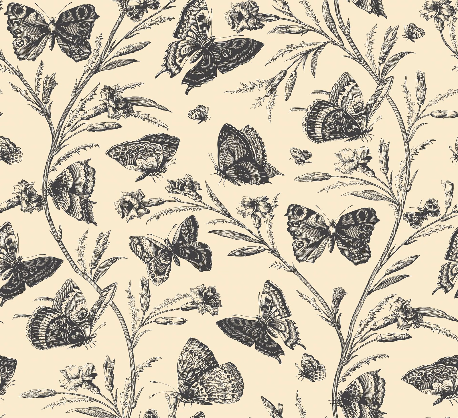 Warm ivory fabric with charcoal butterflies, engraved foliage and scattered flowers