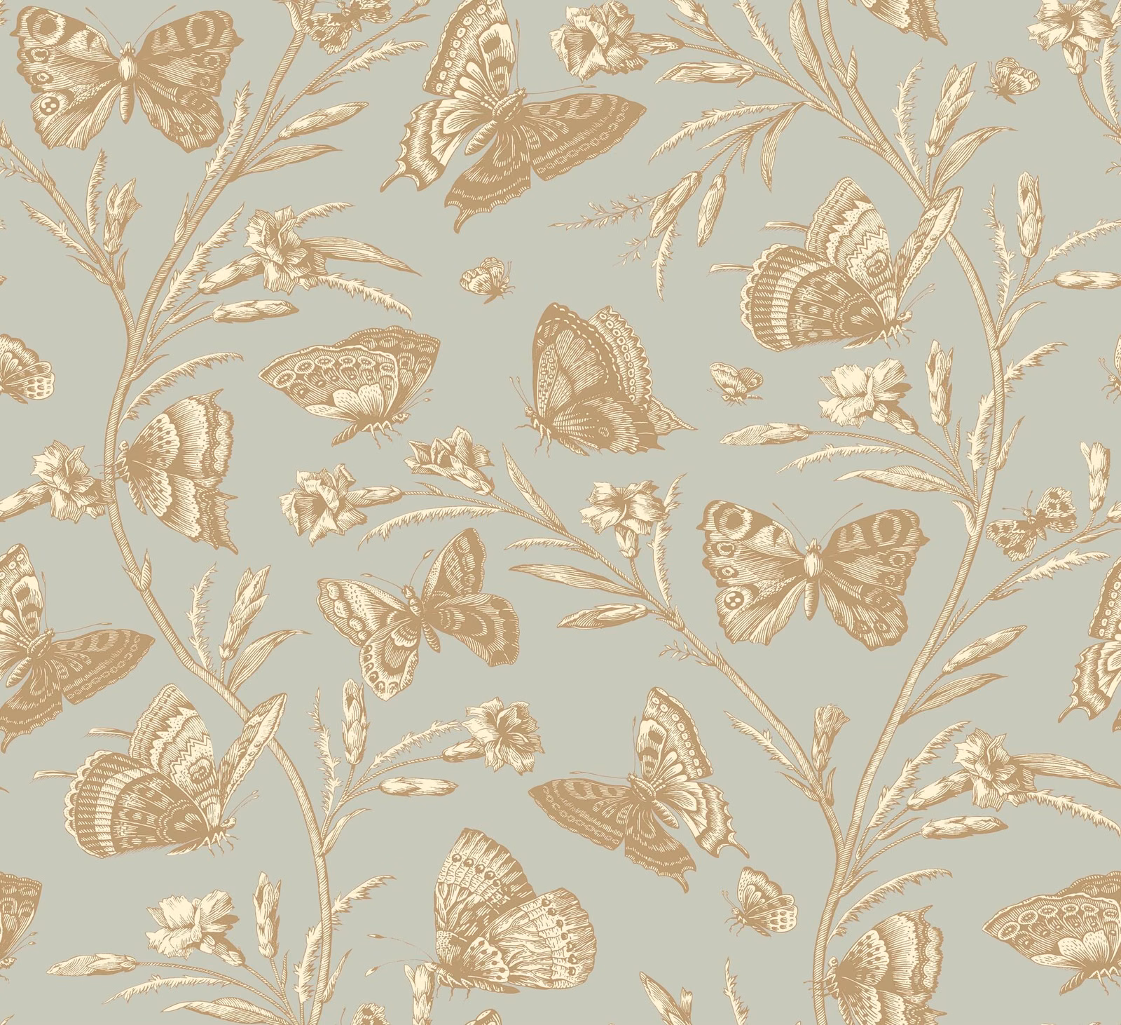 Pale blue-grey fabric with beige butterflies, flowering stems and delicate botanical detailing