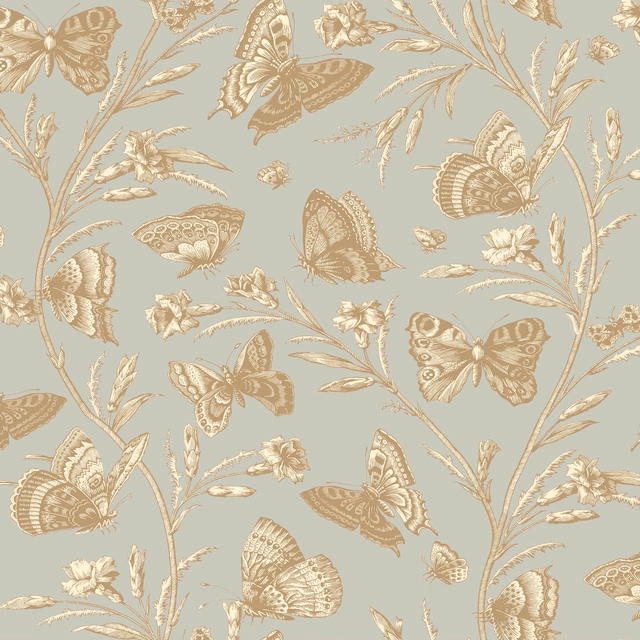 Pale blue-grey fabric with beige butterflies, flowering stems and delicate botanical detailing