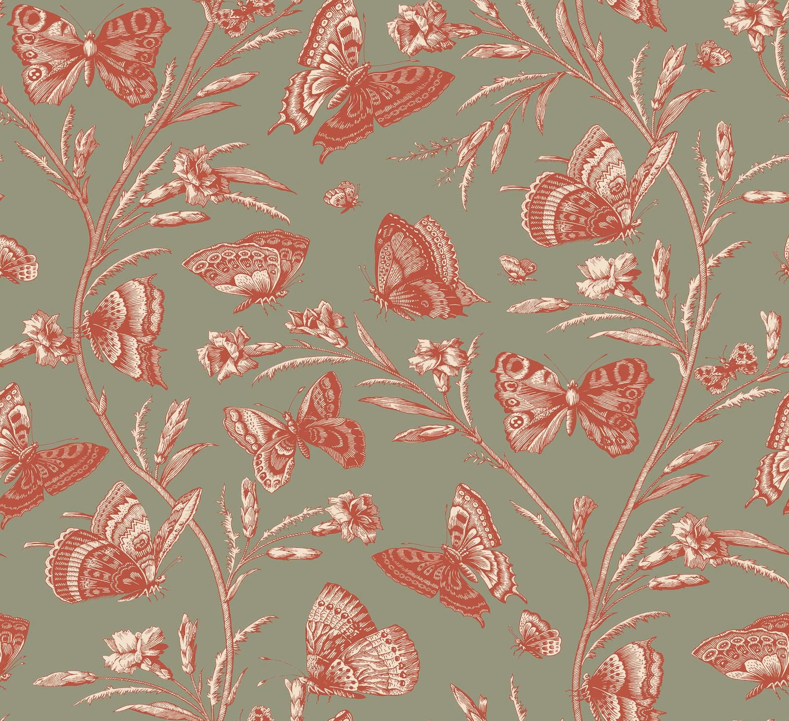 Muted sage fabric with coral butterflies, cream wings and trailing flowering stems