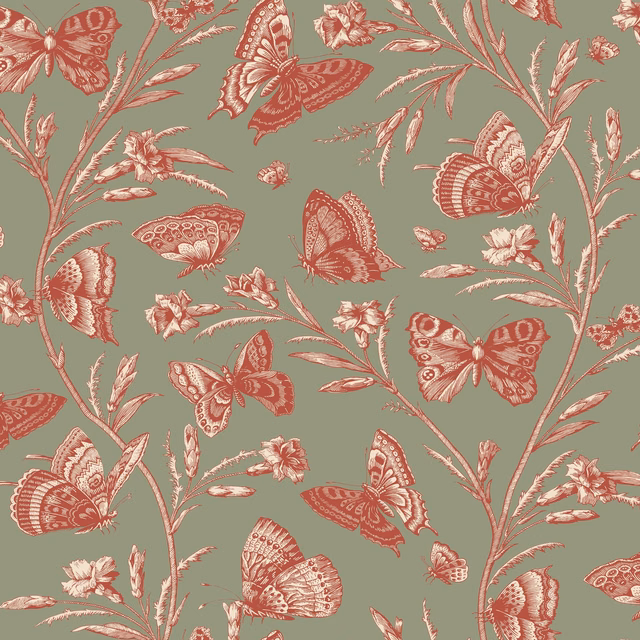 Muted sage fabric with coral butterflies, cream wings and trailing flowering stems
