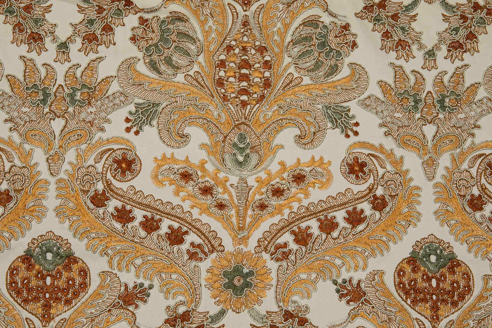 Antique beige textile with rust, sage and ochre paisley floral ornament