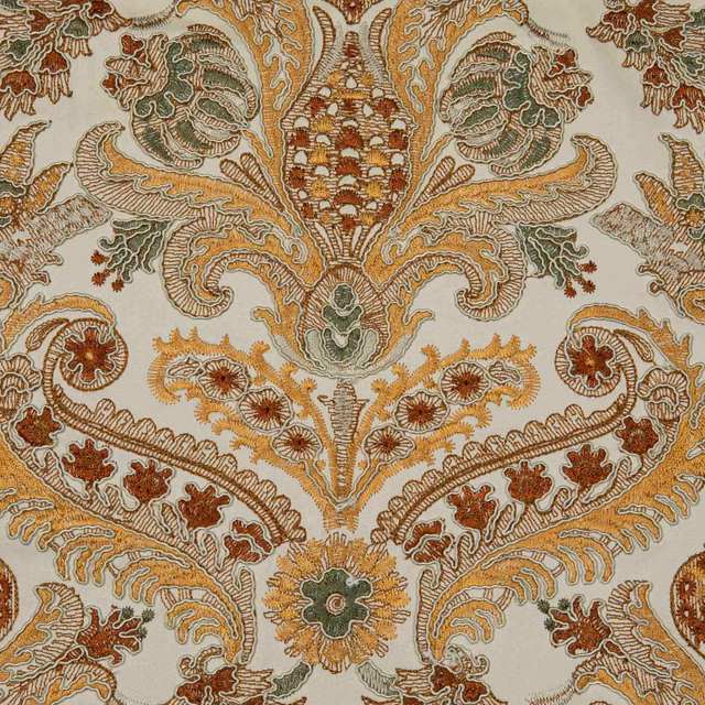Antique beige textile with rust, sage and ochre paisley floral ornament