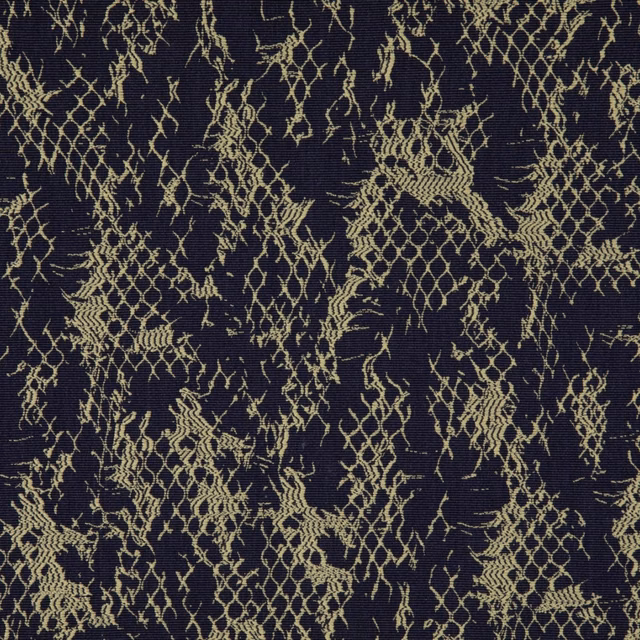 Dark raisin woven fabric with pale-gold distressed lattice and branching tracery