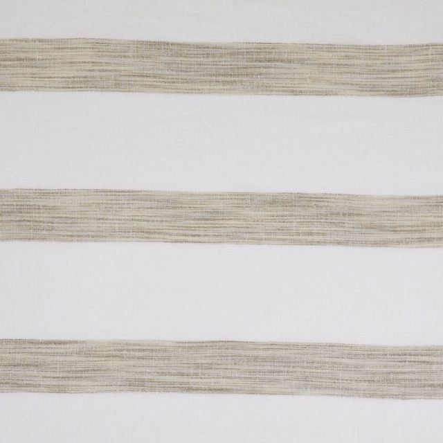 Warm ecru textile with broad taupe-grey horizontal striations and pale bands