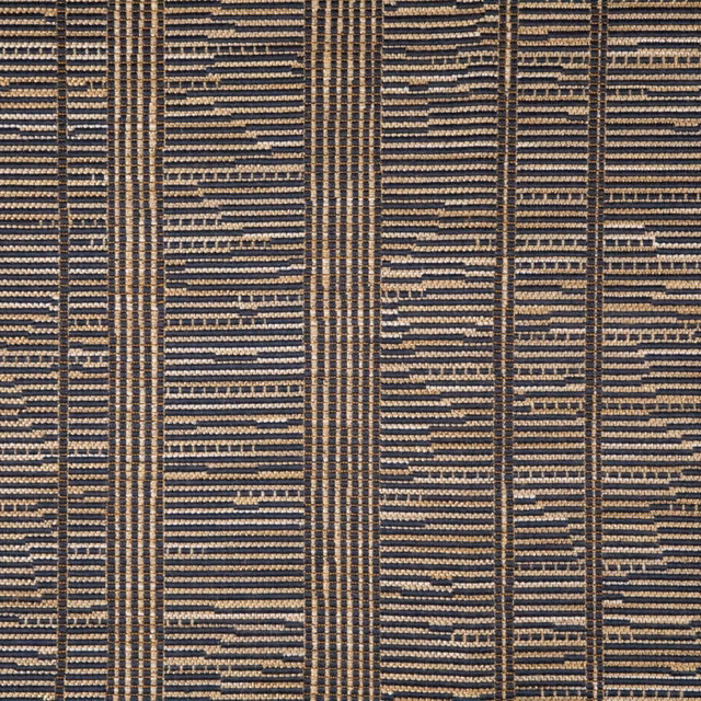 Marine blue woven swatch with tan flecks and vertical geometric stripe bands