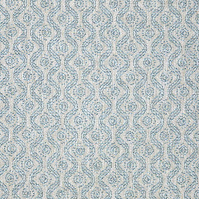 Ivory woven fabric with repeating pale azure geometric lattice motifs