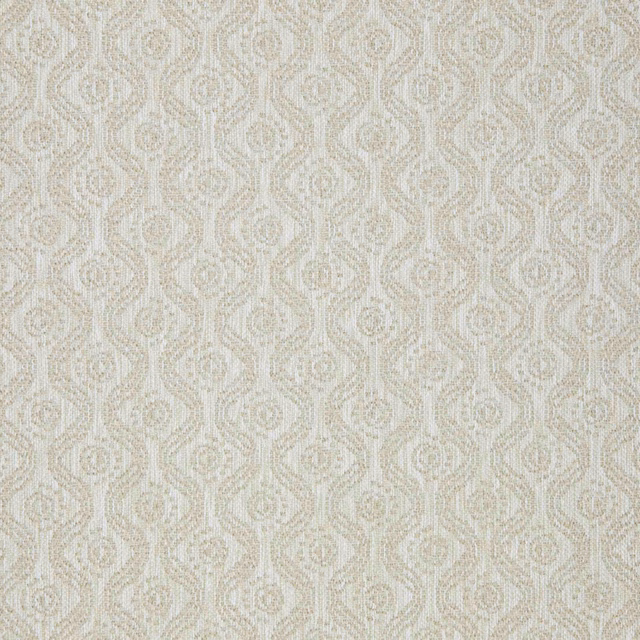 Pale naturel textile with repeating cream ogee motifs and softly textured weave