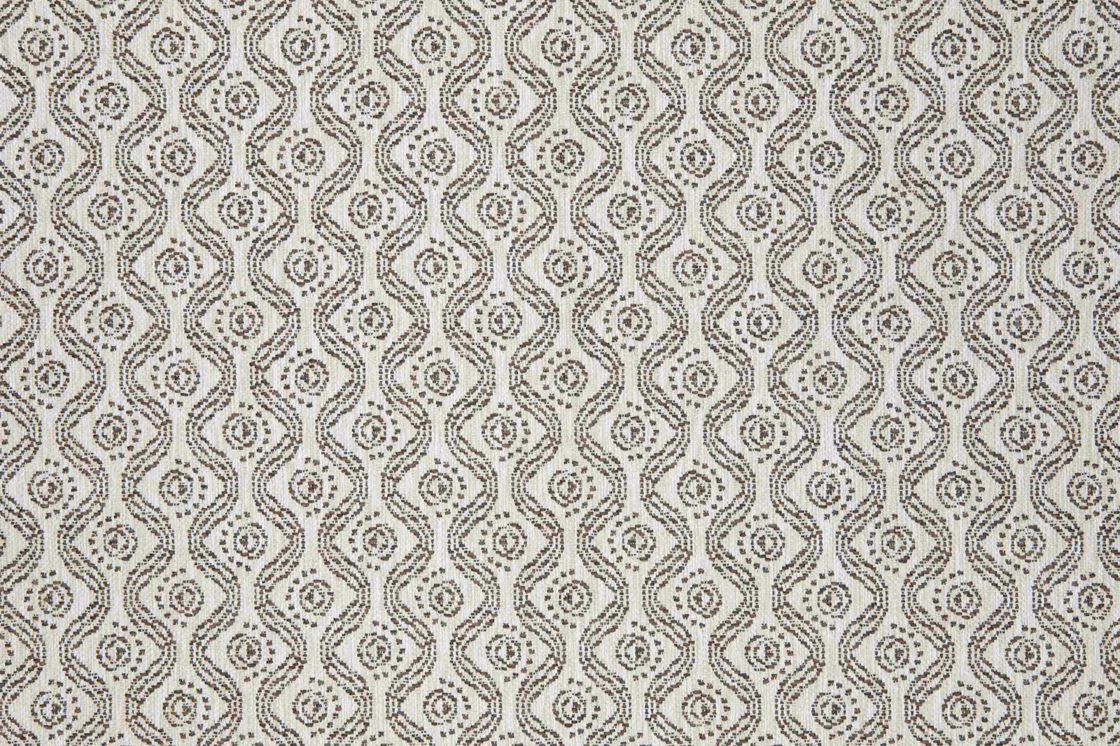 Ivory woven textile with closely repeated pepper-grey looping diamond motifs