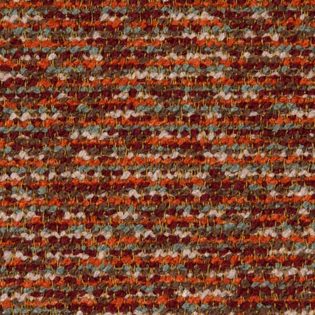 Close-up of rust and red horizontal weave with cream and blue-green flecks