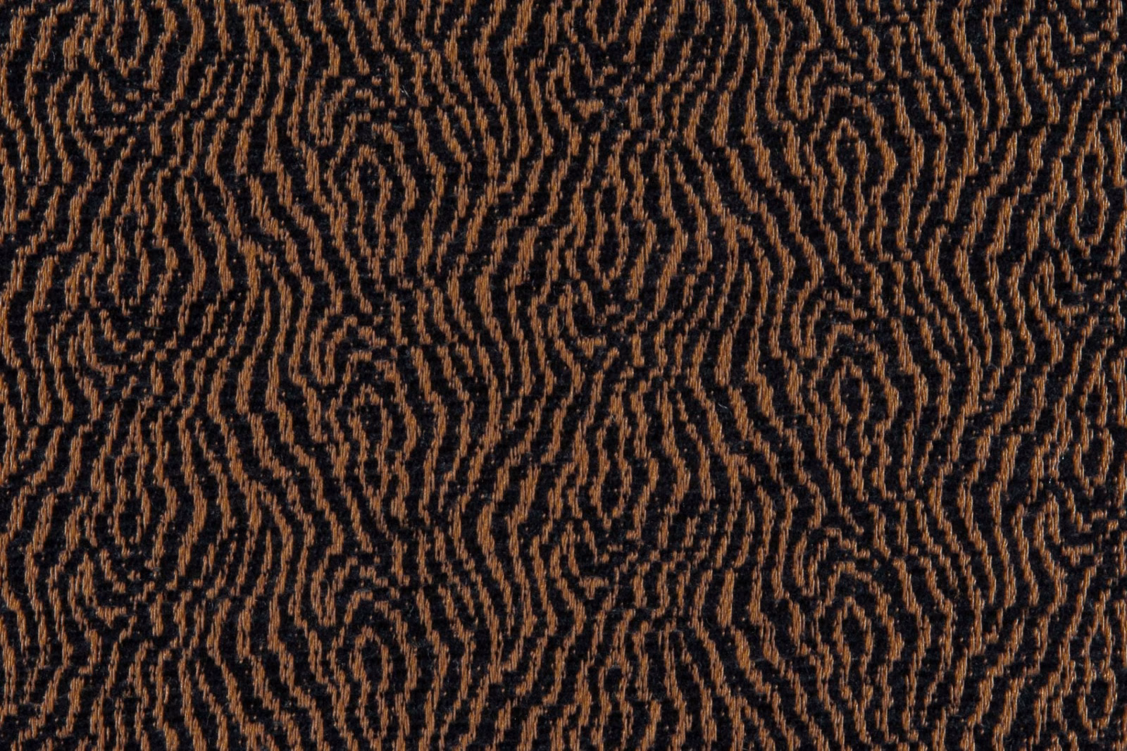 Deep acajou-brown textile with black rippling organic motifs and textured woven surface