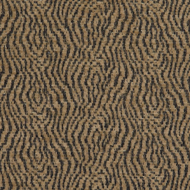 Warm taupe woven textile with charcoal rippling lines and organic oval motifs