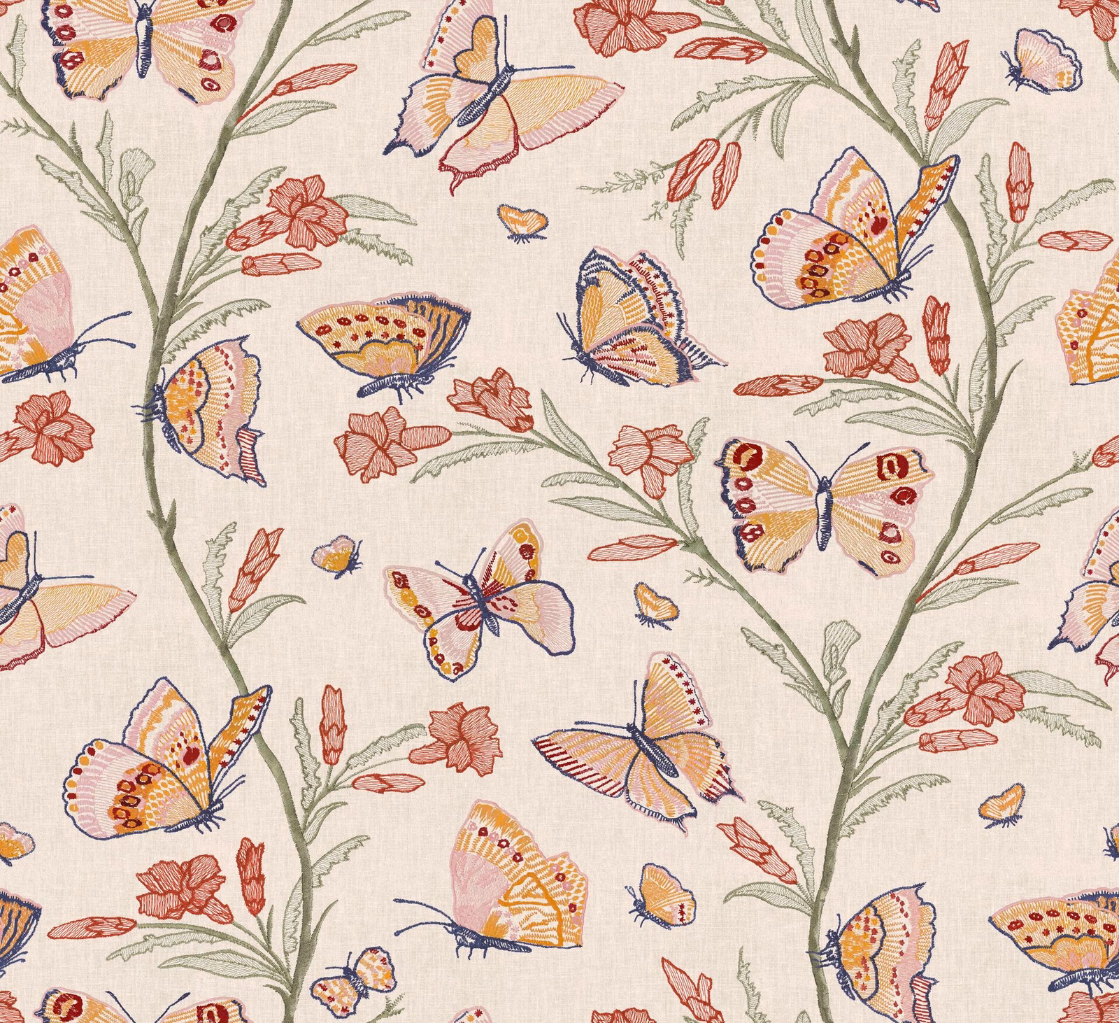 Warm ivory fabric with coral flowers, sage stems and blue-edged butterflies